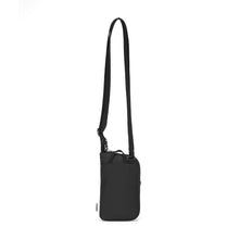Load image into Gallery viewer, Back view of the Pacsafe Daysafe Anti-Theft Tech Crossbody color Black made with ECONYL® regenerated nylon
