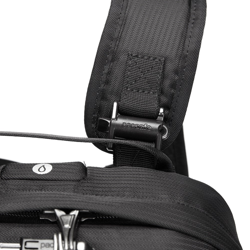 Detail of the Pacsafe Vibe 25L Anti-Theft Backpack color Black made with ECONYL® regenerated nylon