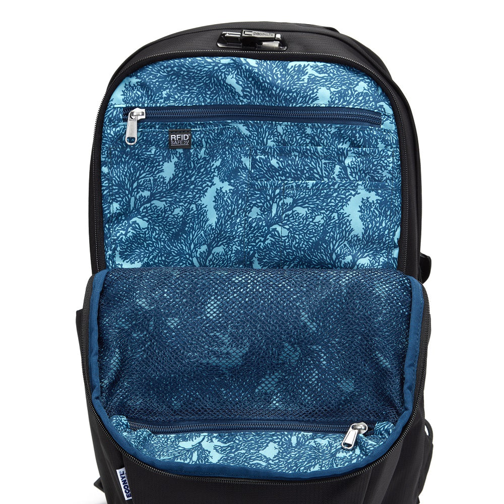 Inside view of the Pacsafe Vibe 25L Anti-Theft Backpack color Black made with ECONYL® regenerated nylon