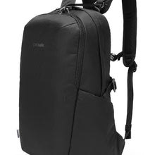 Load image into Gallery viewer, Front view of the Pacsafe Vibe 25L Anti-Theft Backpack color Black made with ECONYL® regenerated nylon
