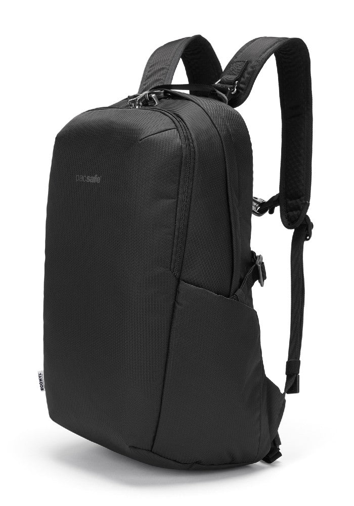 Front view of the Pacsafe Vibe 25L Anti-Theft Backpack color Black made with ECONYL® regenerated nylon
