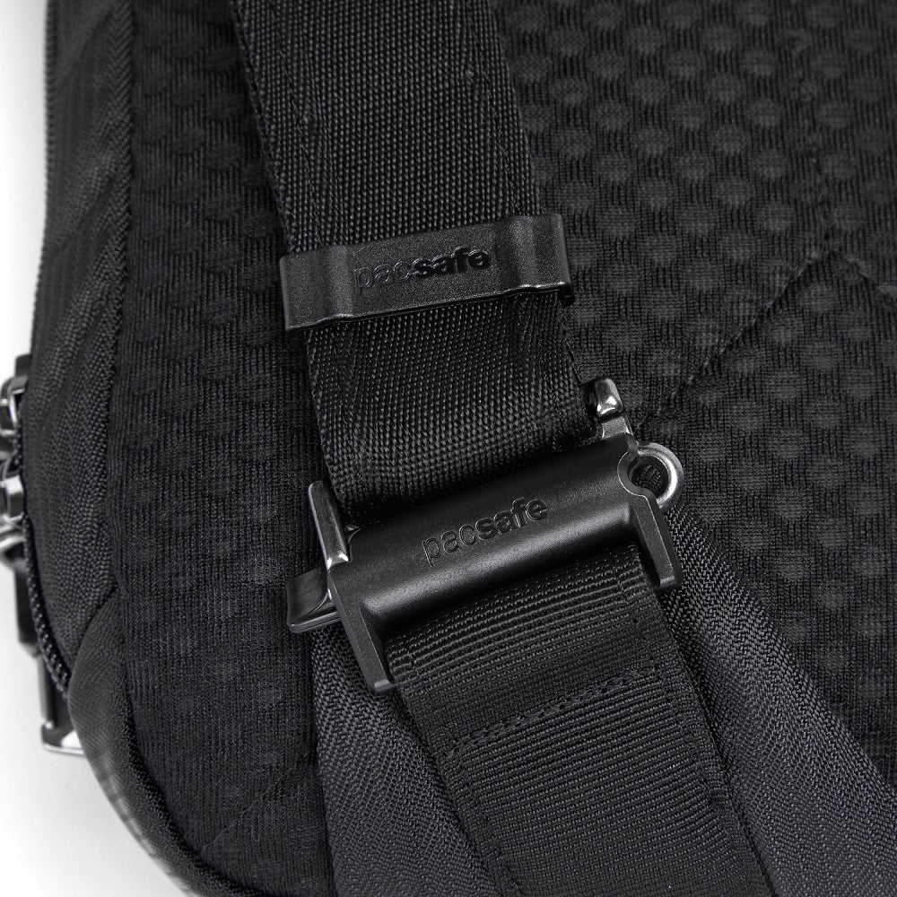 Detail of the Pacsafe Vibe 325 Anti-Theft Sling Pack color Black made with ECONYL® regenerated nylon