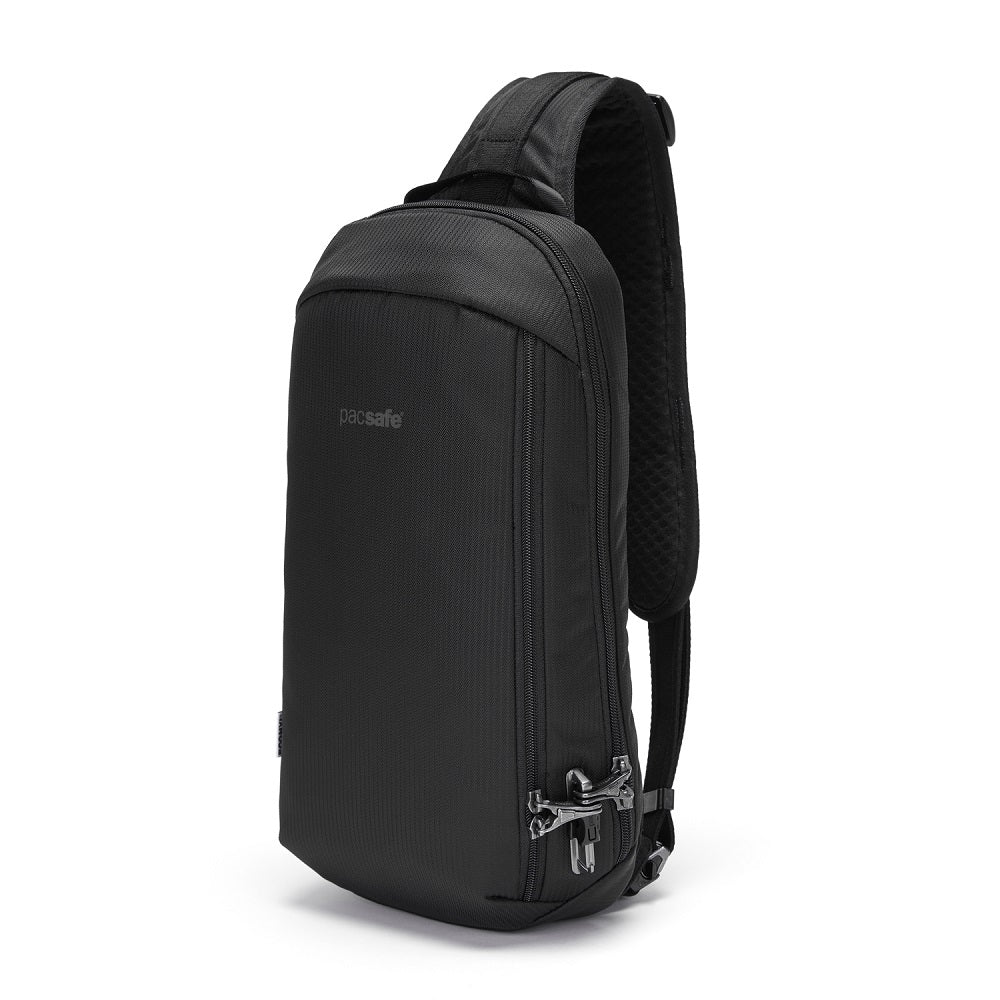 Front side view of the Pacsafe Vibe 325 Anti-Theft Sling Pack color Black made with ECONYL® regenerated nylon