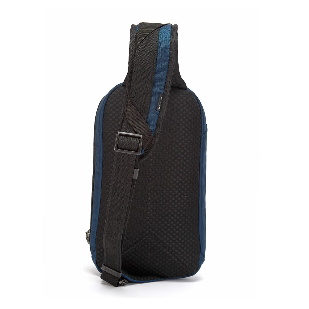 Back view of the Pacsafe Vibe 325 Anti-Theft Sling Pack color Ocean made with ECONYL® regenerated nylon