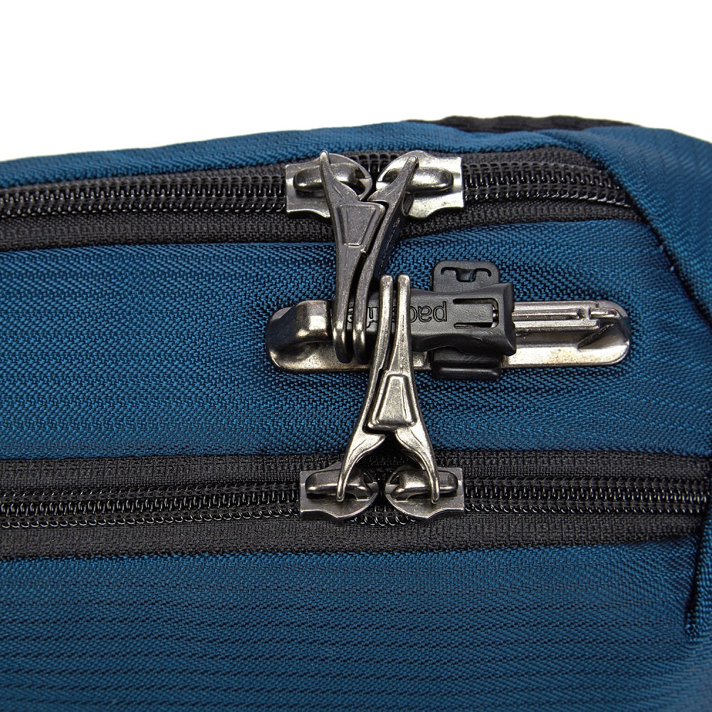 Detail of the Pacsafe Vibe 325 Anti-Theft Sling Pack color Ocean made with ECONYL® regenerated nylon