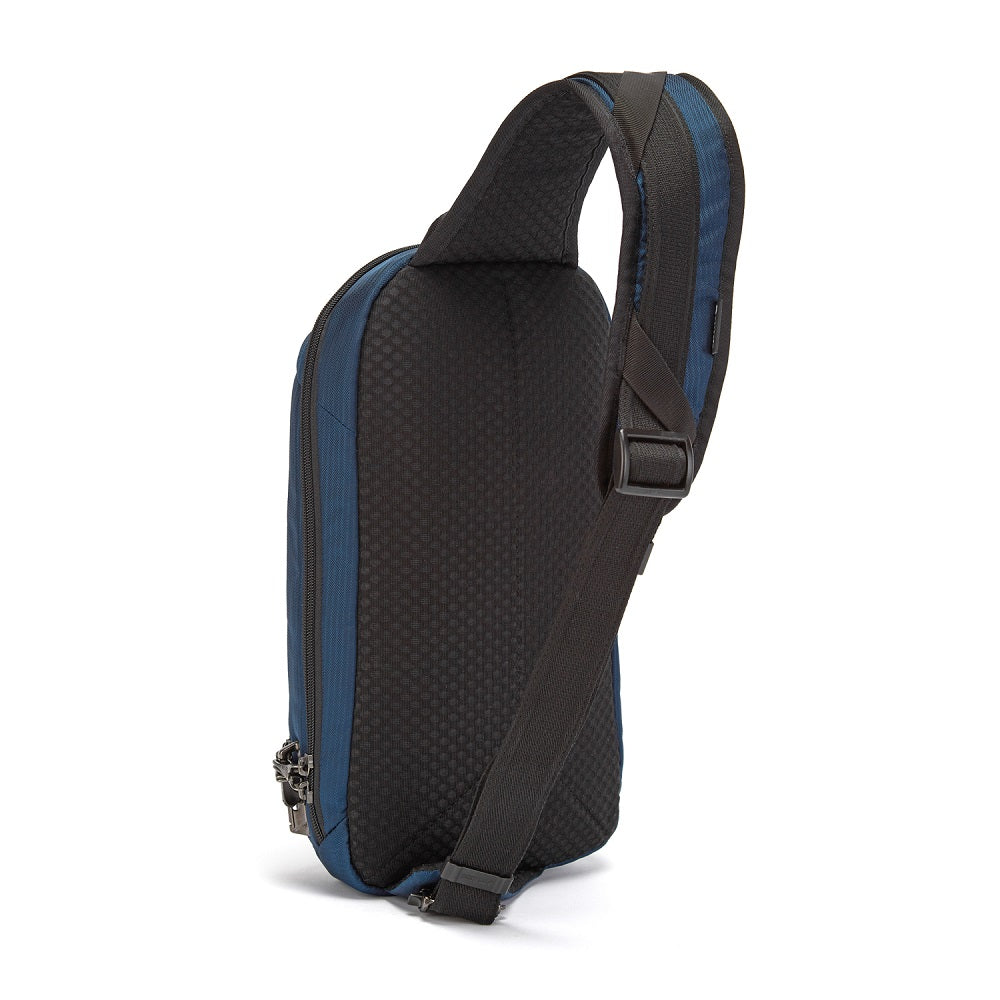 Back side of the Pacsafe Vibe 325 Anti-Theft Sling Pack color Ocean made with ECONYL® regenerated nylon