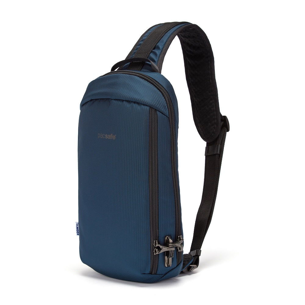 Front side of the Pacsafe Vibe 325 Anti-Theft Sling Pack color Ocean made with ECONYL® regenerated nylon