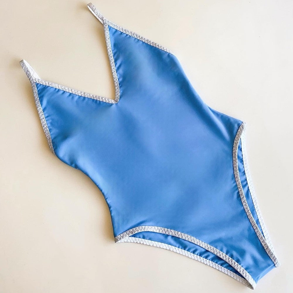 Detail of the Valentina Swimsuit by Seawild color Baby Blue made with ECONYL® regenerated nylon